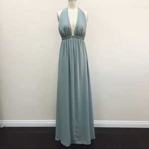 show me your mumu silver sage luna halter gown.